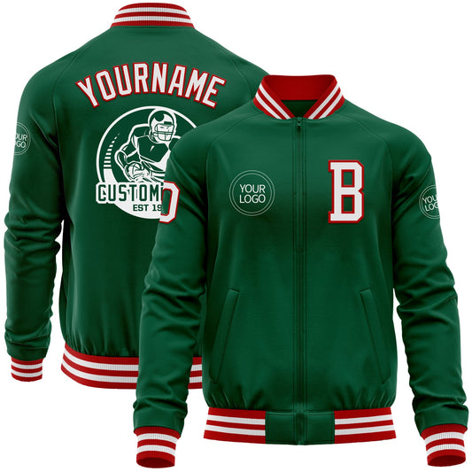 Custom Kelly Green White-Red Bomber Varsity Letterman Zipper Jacket - Main View