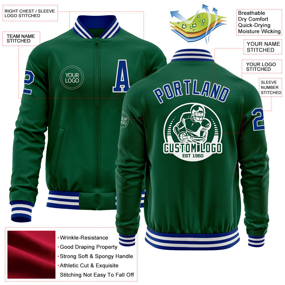 Custom Kelly Green Roya-White Bomber Varsity Letterman Zipper Jacket view 4