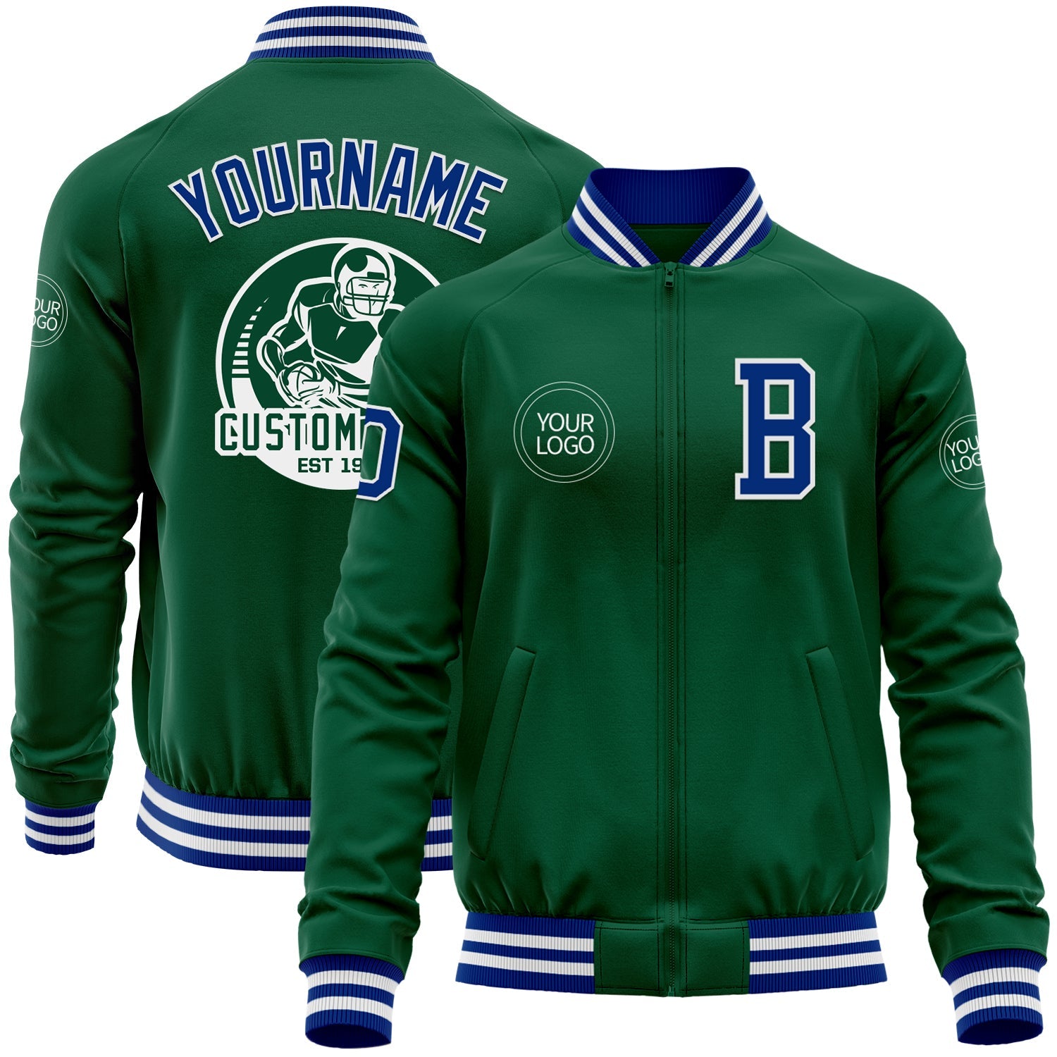 Custom Kelly Green Roya-White Bomber Varsity Letterman Zipper Jacket - Main View