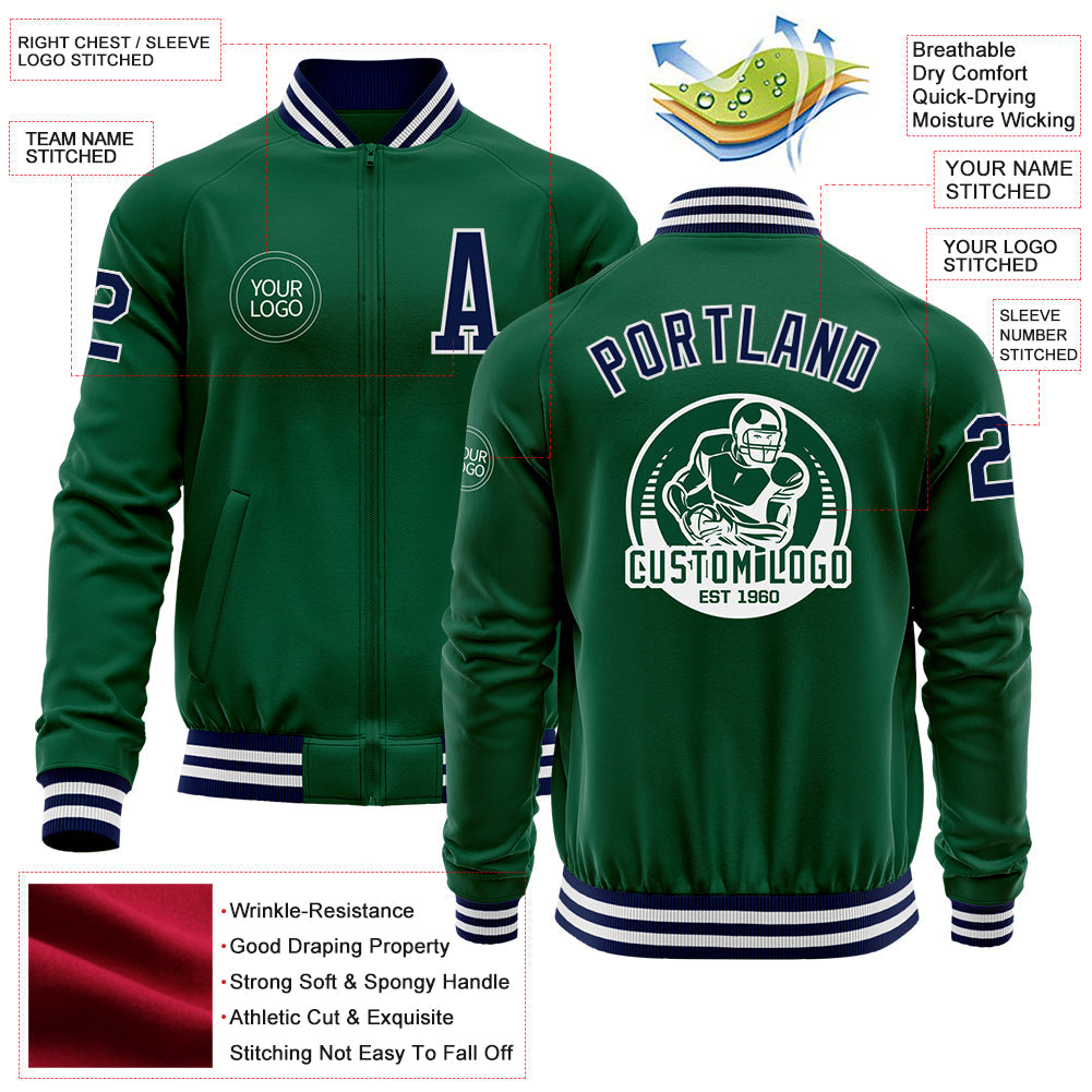 Custom Kelly Green Navy-White Bomber Varsity Letterman Zipper Jacket view 4