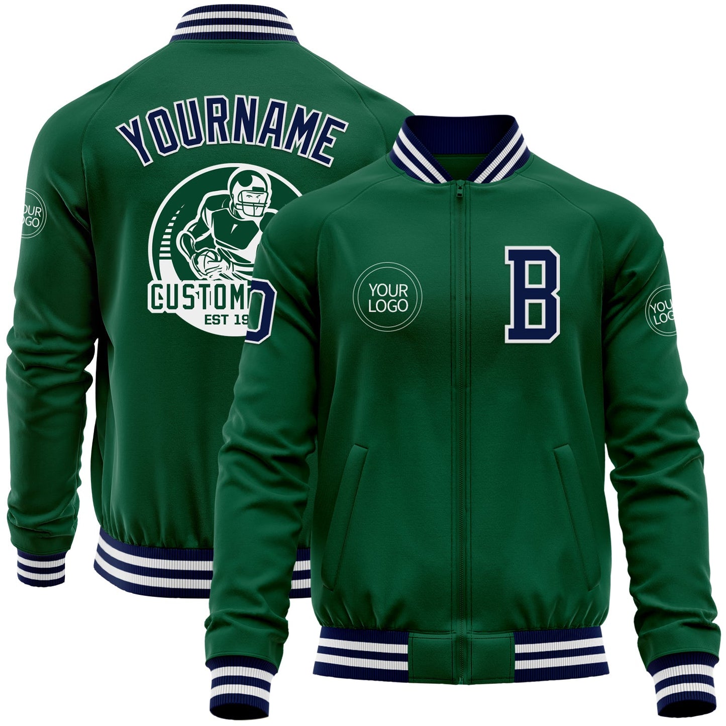 Custom Kelly Green Navy-White Bomber Varsity Letterman Zipper Jacket - Main View