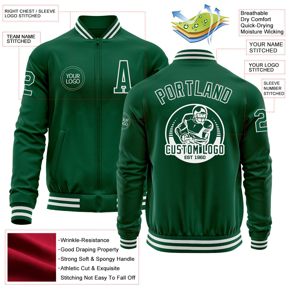 Custom Kelly Green White Bomber Varsity Letterman Zipper Jacket view 4