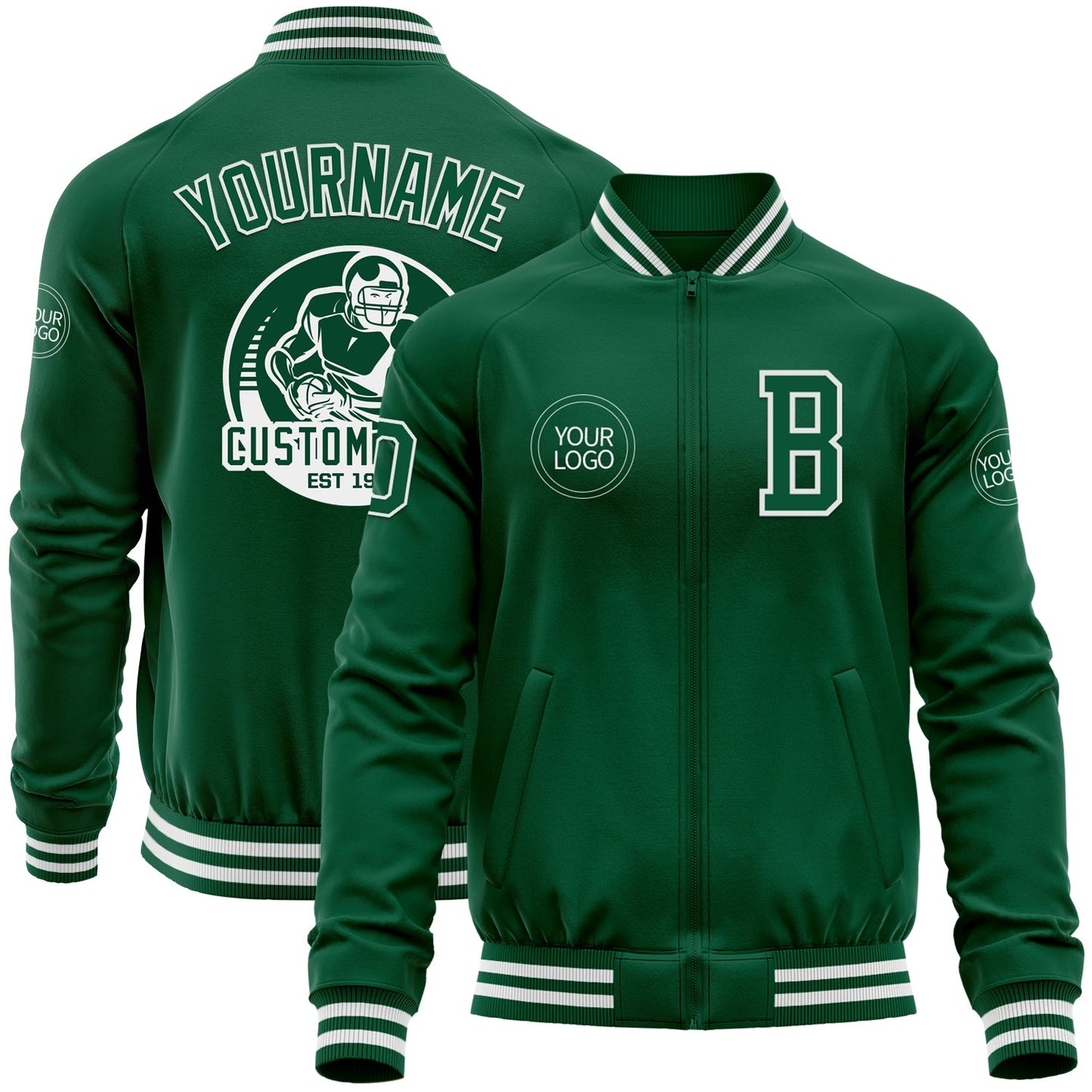Custom Kelly Green White Bomber Varsity Letterman Zipper Jacket - Main View