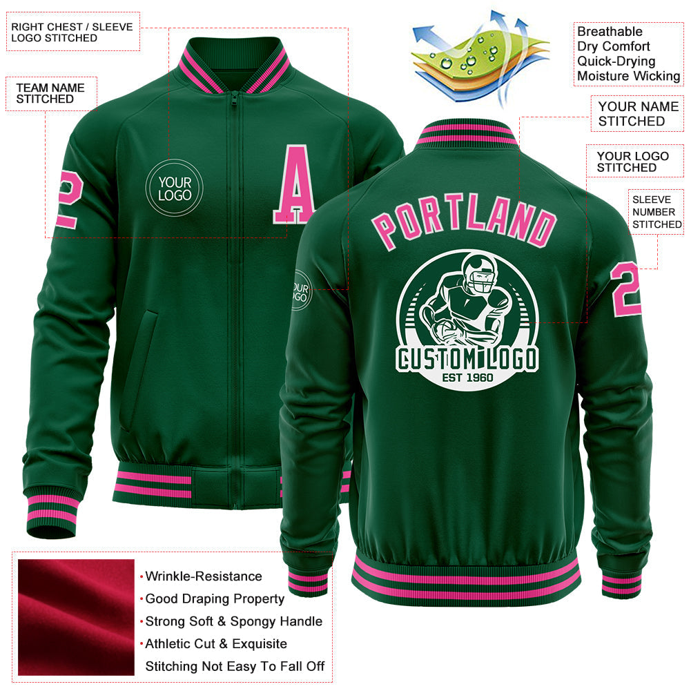Custom Kelly Green Pink-White Bomber Varsity Letterman Zipper Jacket view 4
