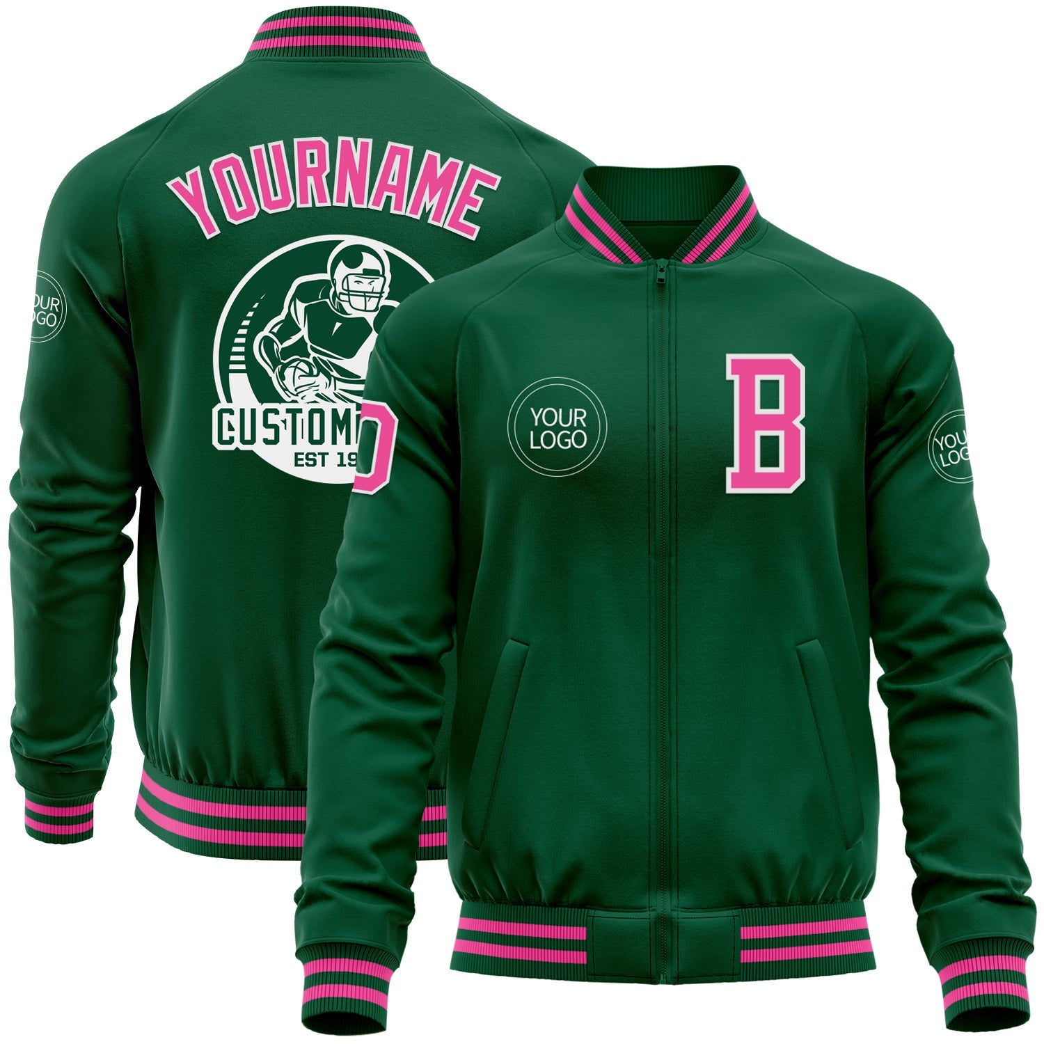 Custom Kelly Green Pink-White Bomber Varsity Letterman Zipper Jacket - Main View