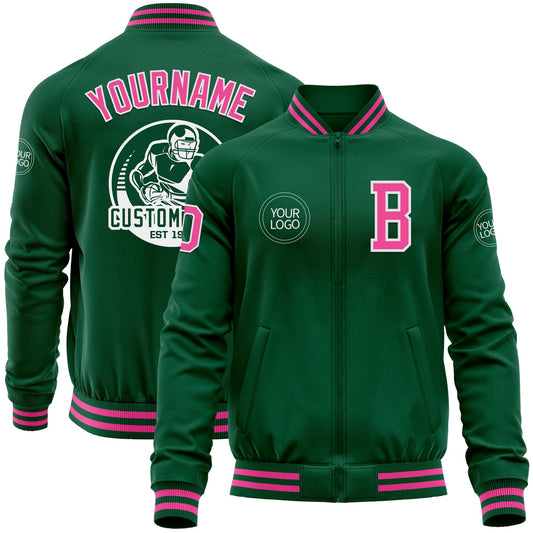 Custom Kelly Green Pink-White Bomber Varsity Letterman Zipper Jacket - Main View