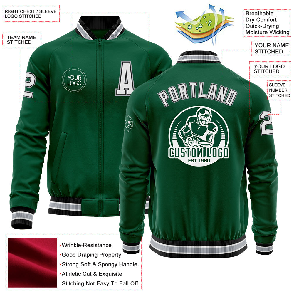Custom Kelly Green Black-Gray Bomber Varsity Letterman Zipper Jacket view 4