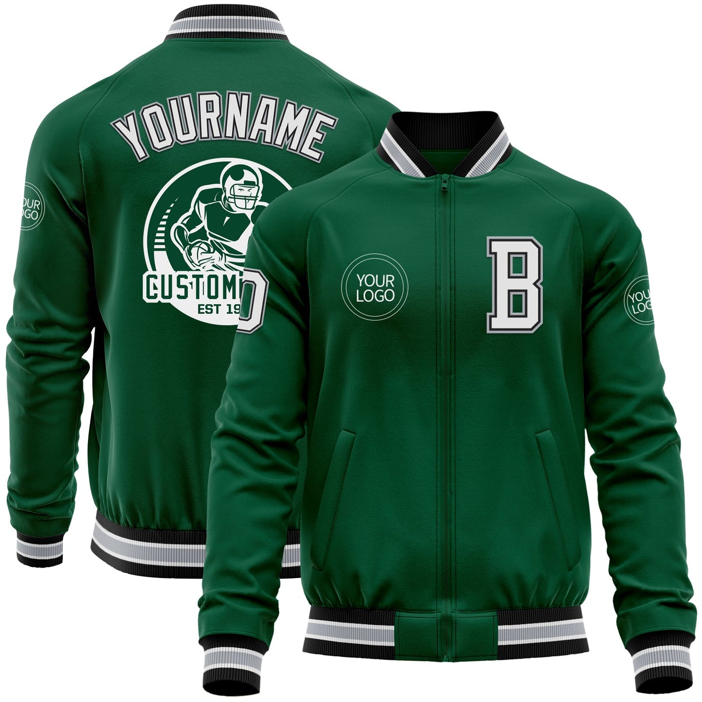 Custom Kelly Green Black-Gray Bomber Varsity Letterman Zipper Jacket - Main View