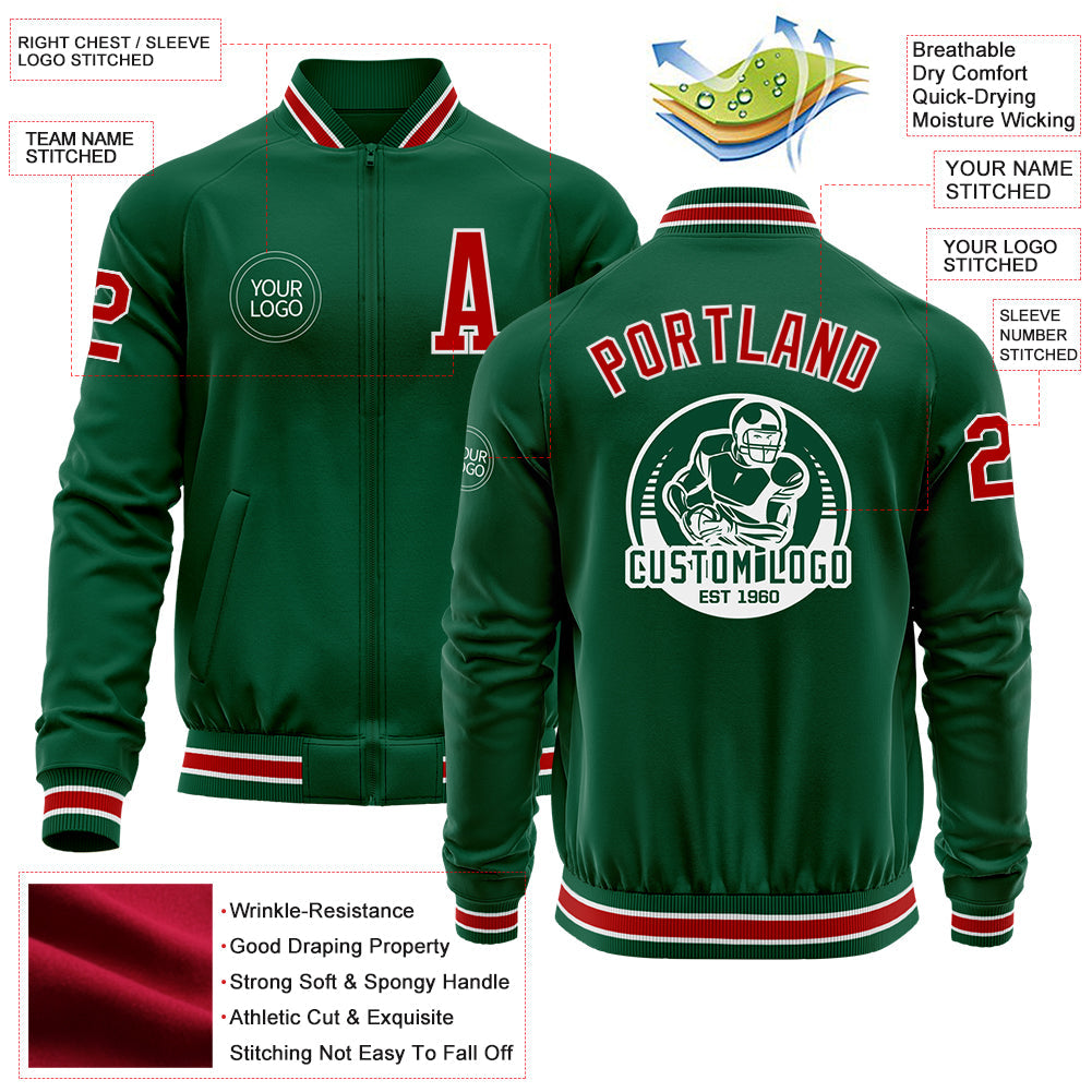 Custom Kelly Green Red-White Bomber Varsity Letterman Zipper Jacket view 4