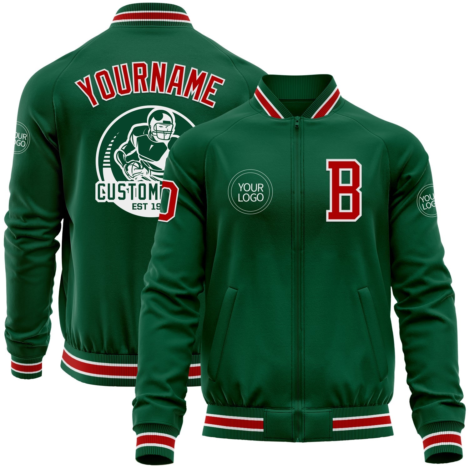Custom Kelly Green Red-White Bomber Varsity Letterman Zipper Jacket - Main View