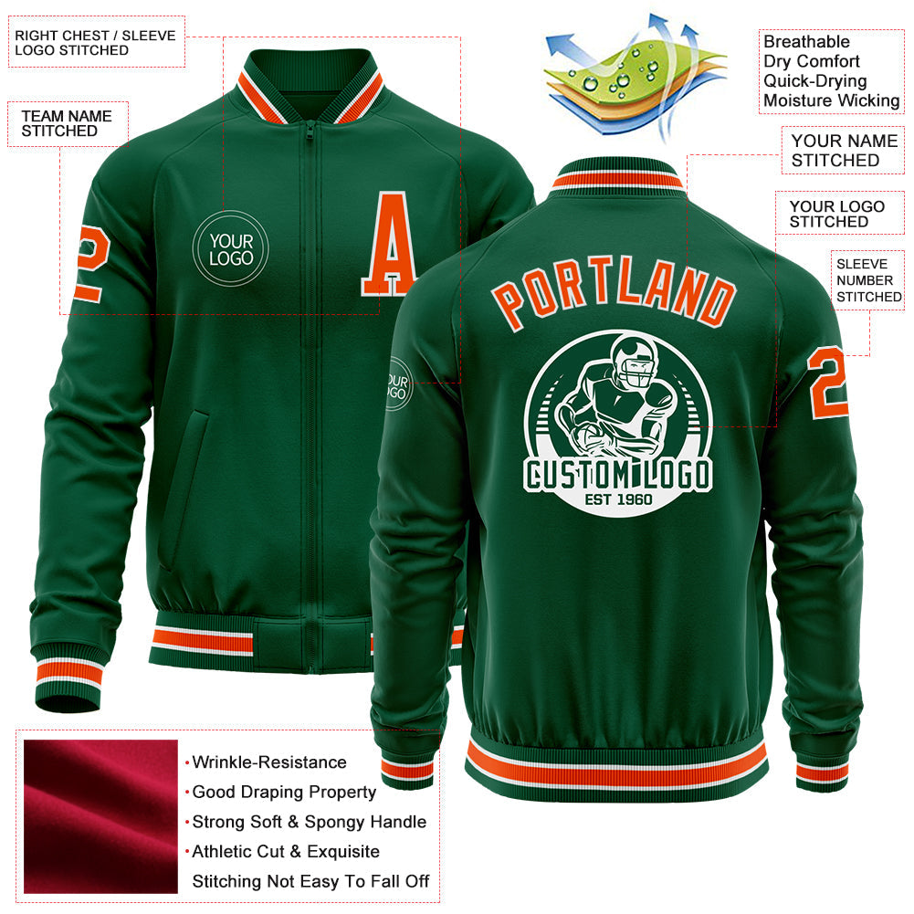 Custom Kelly Green Orange-White Bomber Varsity Letterman Zipper Jacket view 4
