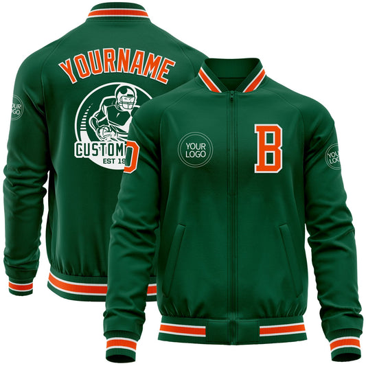 Custom Kelly Green Orange-White Bomber Varsity Letterman Zipper Jacket - Main View