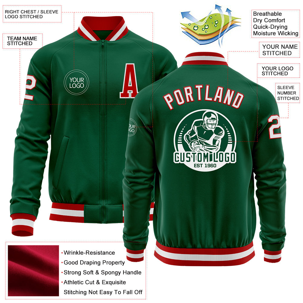 Custom Kelly Green Red-White Bomber Varsity Letterman Zipper Jacket view 4