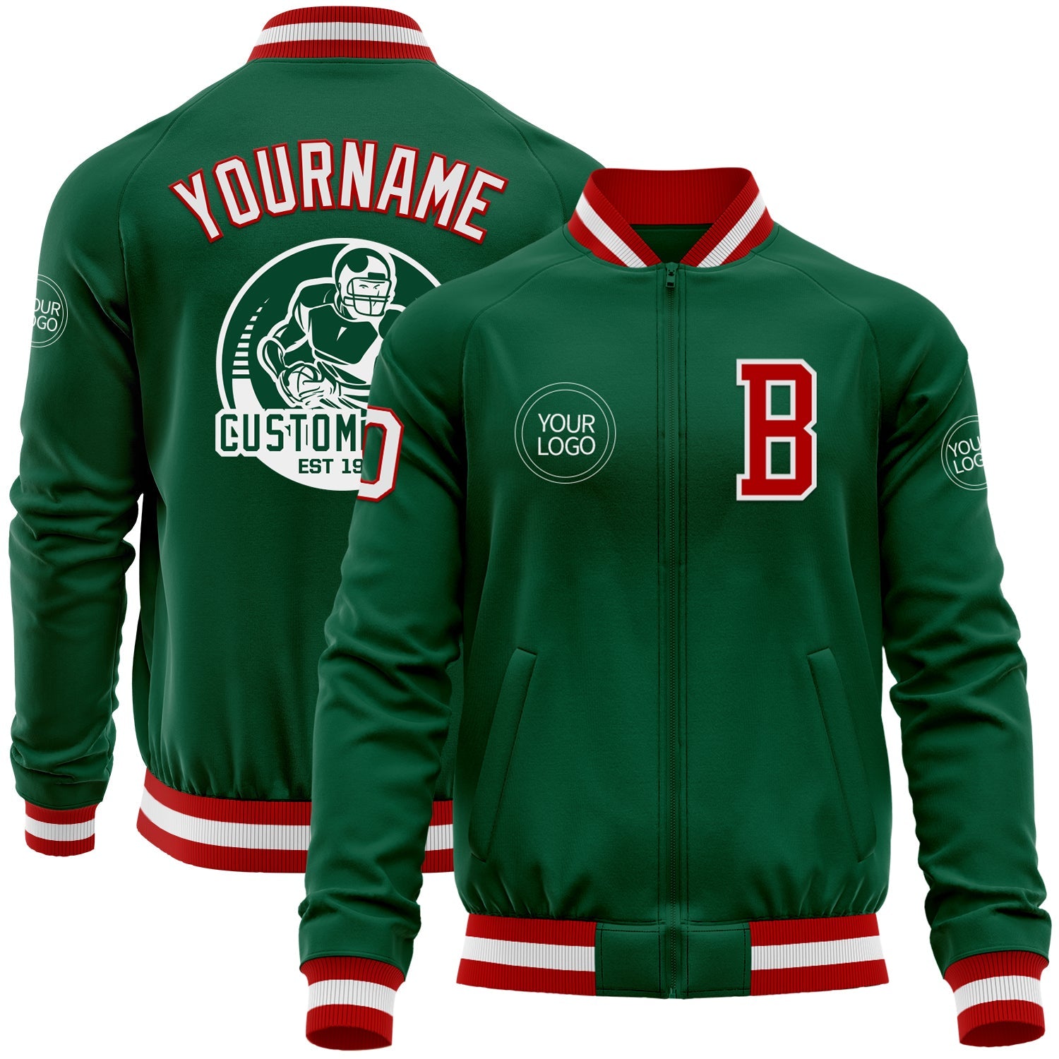 Custom Kelly Green Red-White Bomber Varsity Letterman Zipper Jacket - Main View