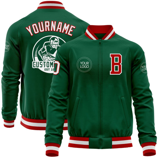Custom Kelly Green Red-White Bomber Varsity Letterman Zipper Jacket - Main View