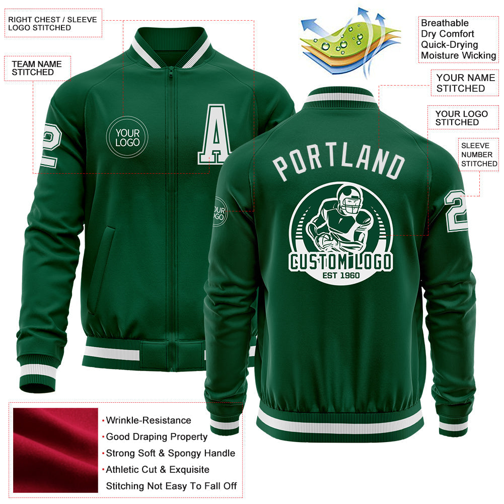 Custom Kelly Green White Bomber Varsity Letterman Zipper Jacket view 4