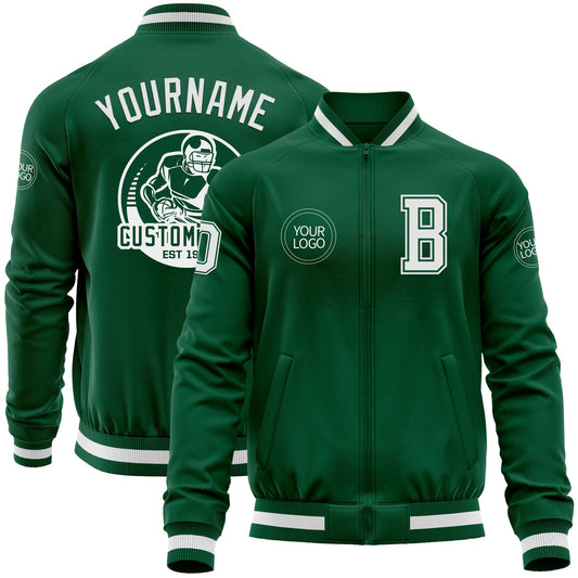 Custom Kelly Green White Bomber Varsity Letterman Zipper Jacket - Main View