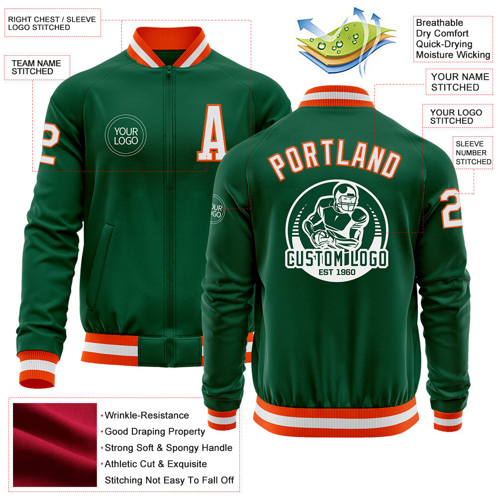 Custom Kelly Green White-Orange Bomber Varsity Letterman Zipper Jacket view 4