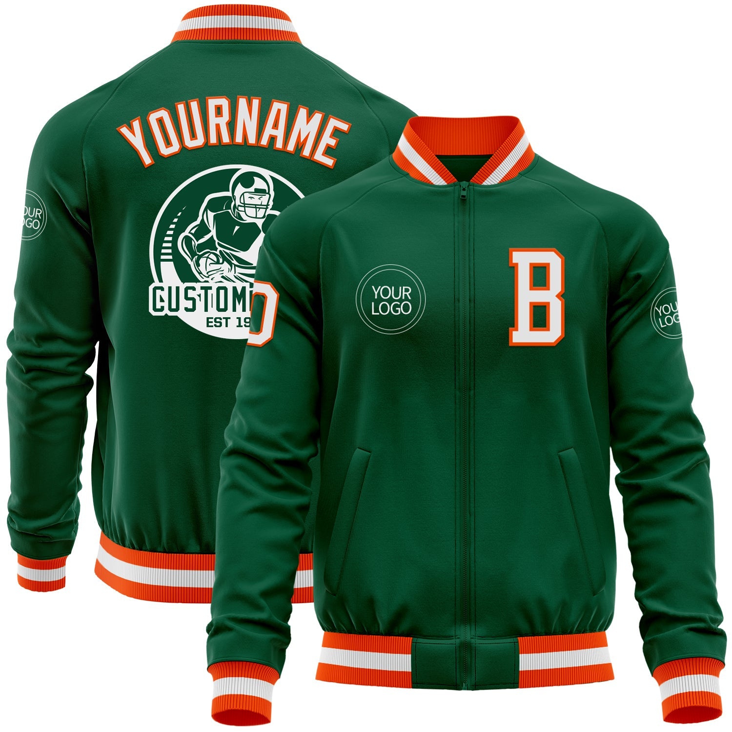 Custom Kelly Green White-Orange Bomber Varsity Letterman Zipper Jacket - Main View