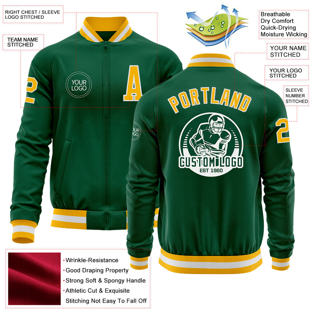 Custom Kelly Green Gold-White Bomber Varsity Letterman Zipper Jacket view 4