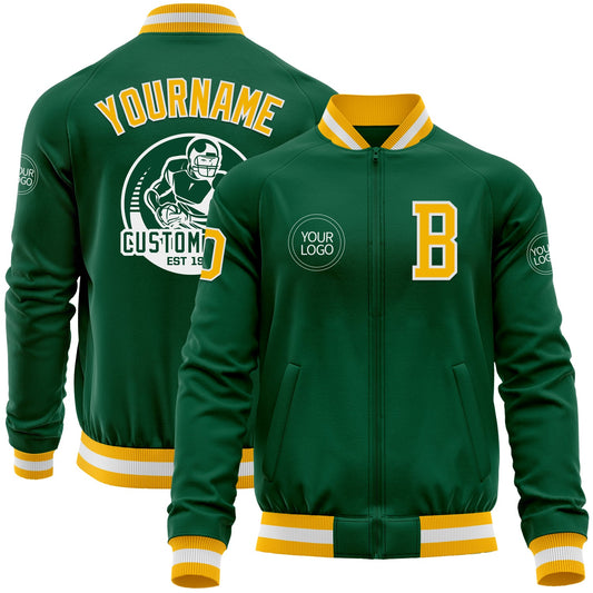 Custom Kelly Green Gold-White Bomber Varsity Letterman Zipper Jacket - Main View
