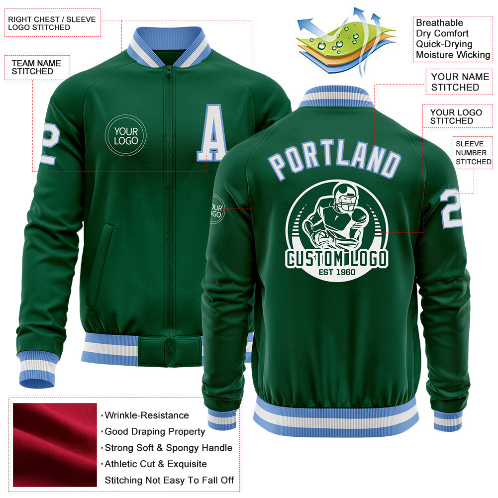 Custom Kelly Green White-Light Blue Bomber Varsity Letterman Zipper Jacket view 4