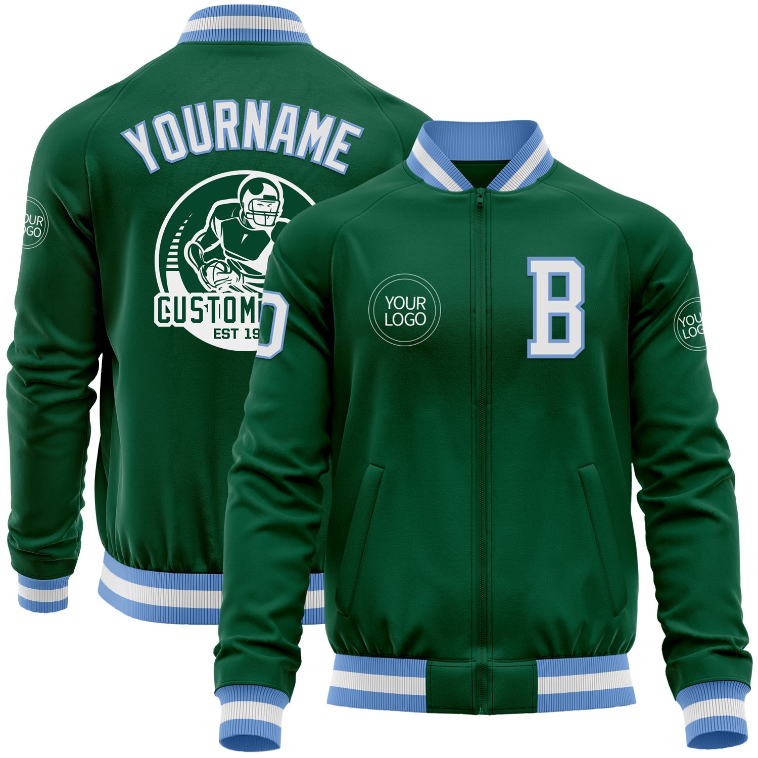 Custom Kelly Green White-Light Blue Bomber Varsity Letterman Zipper Jacket - Main View