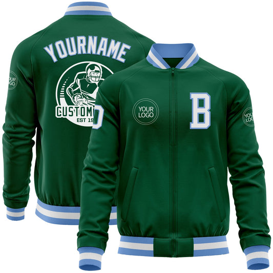 Custom Kelly Green White-Light Blue Bomber Varsity Letterman Zipper Jacket - Main View