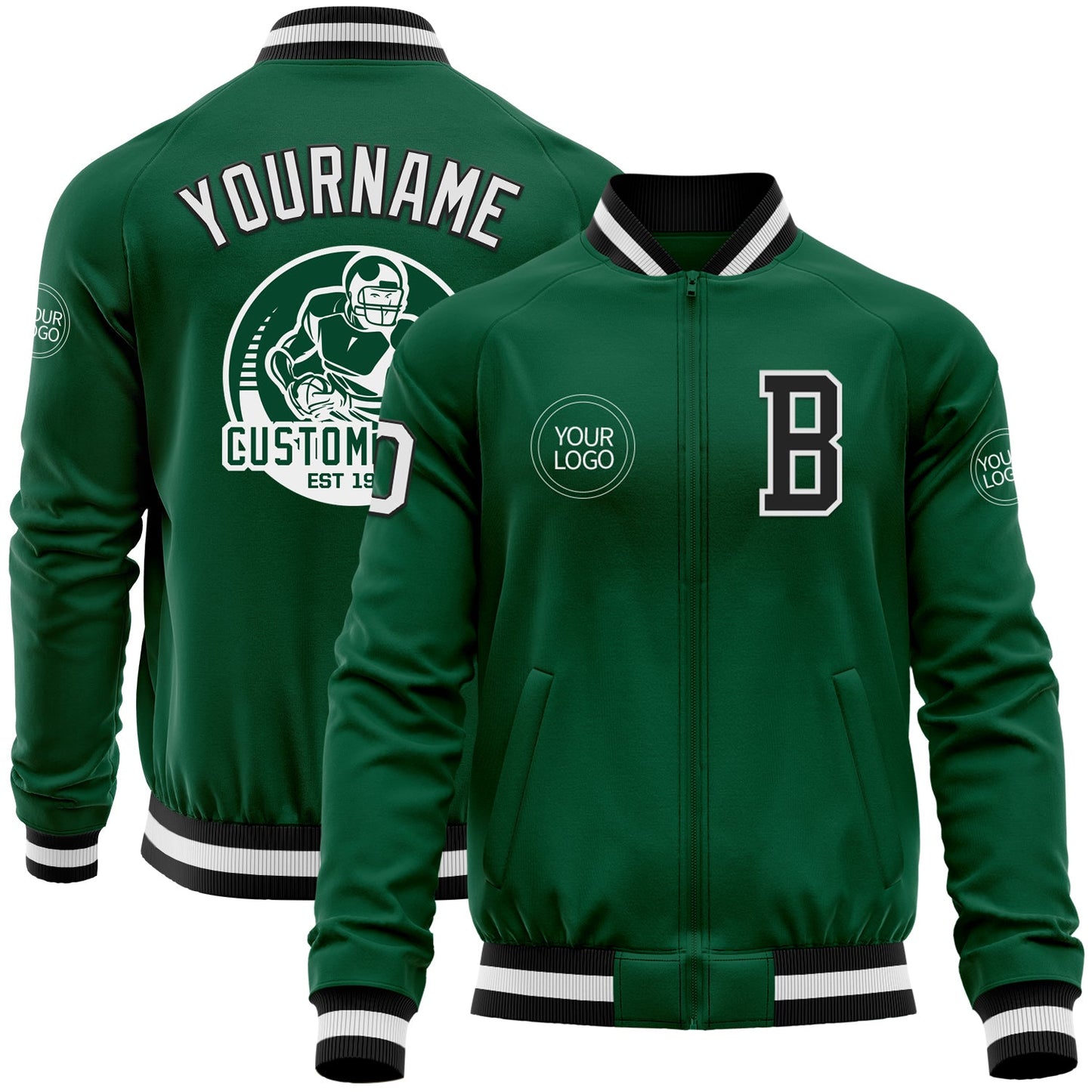 Custom Kelly Green Black-White Bomber Varsity Letterman Zipper Jacket - Main View