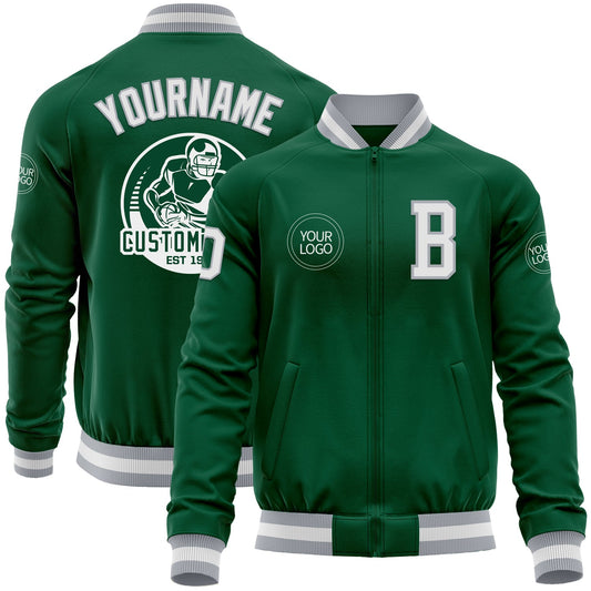 Custom Kelly Green White-Gray Bomber Varsity Letterman Zipper Jacket - Main View