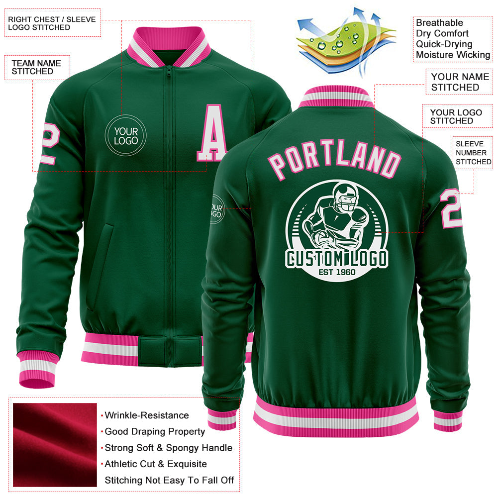 Custom Kelly Green White-Pink Bomber Varsity Letterman Zipper Jacket view 4
