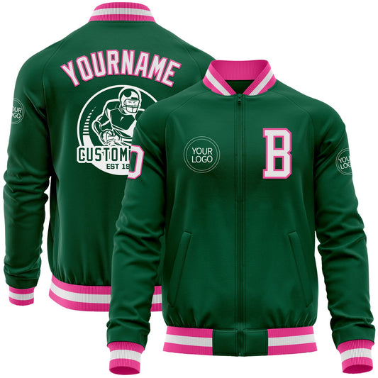 Custom Kelly Green White-Pink Bomber Varsity Letterman Zipper Jacket - Main View