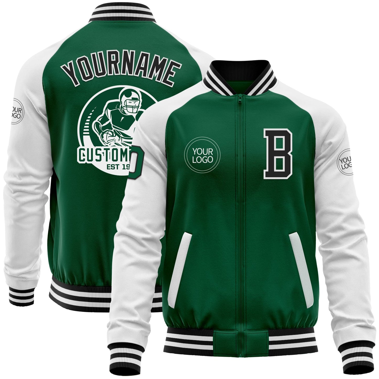 Custom Kelly Green Black-White Bomber Varsity Letterman Two Tone Zipper Jacket - Main View