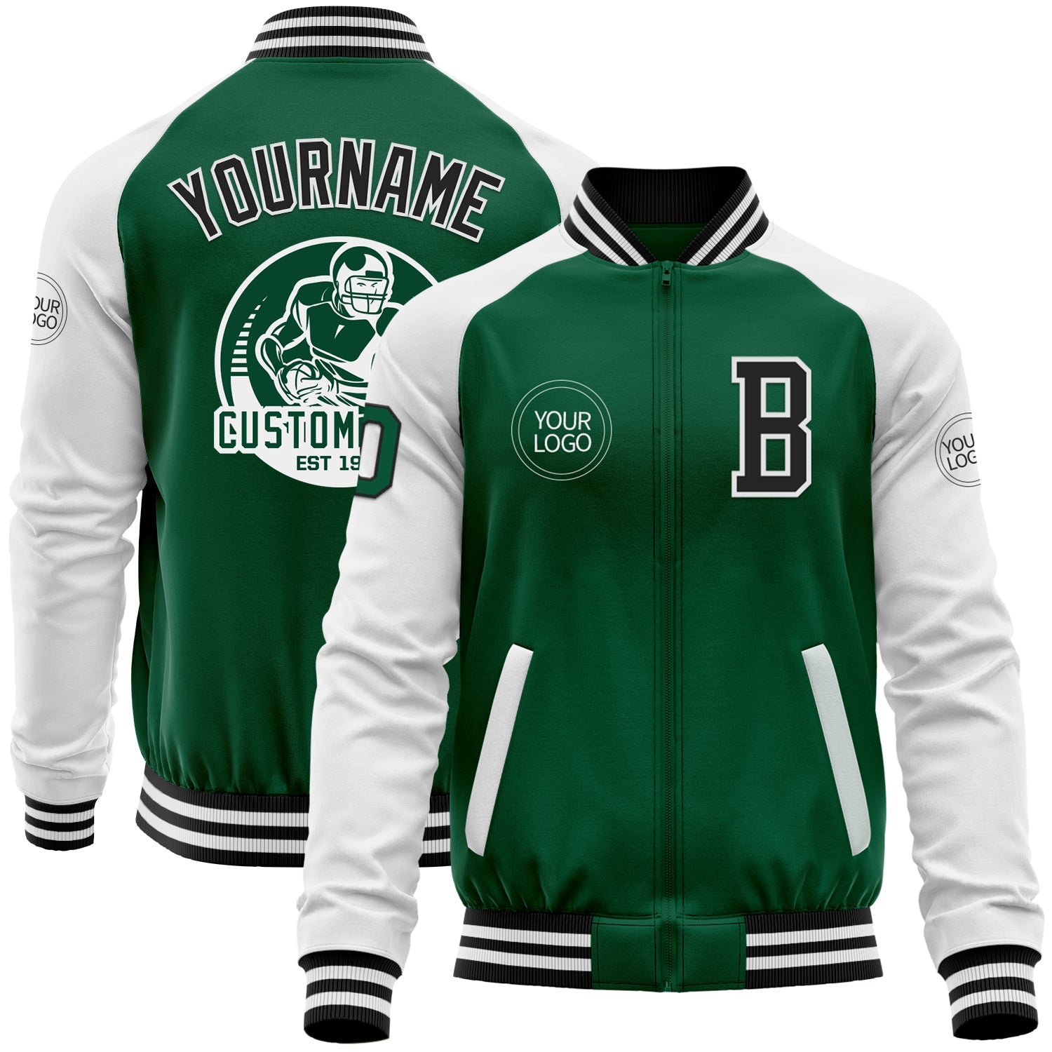 Custom Kelly Green Black-White Bomber Varsity Letterman Two Tone Zipper Jacket - Main View