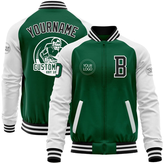 Custom Kelly Green Black-White Bomber Varsity Letterman Two Tone Zipper Jacket - Main View