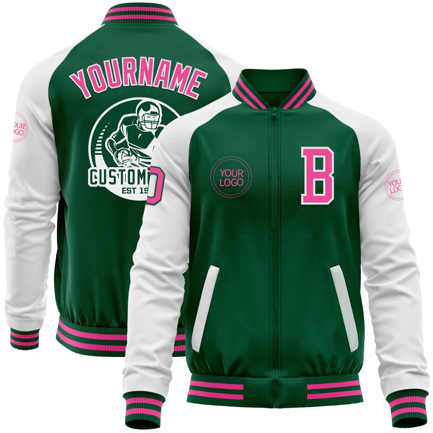 Custom Kelly Green Pink-White Bomber Varsity Letterman Two Tone Zipper Jacket - Main View
