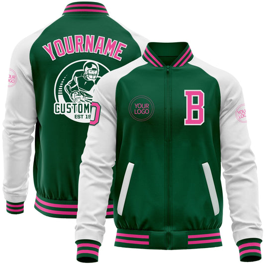 Custom Kelly Green Pink-White Bomber Varsity Letterman Two Tone Zipper Jacket - Main View