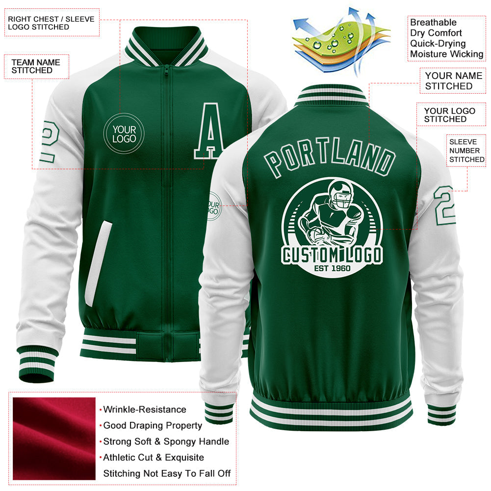 Custom Kelly Green White Bomber Varsity Letterman Two Tone Zipper Jacket view 4