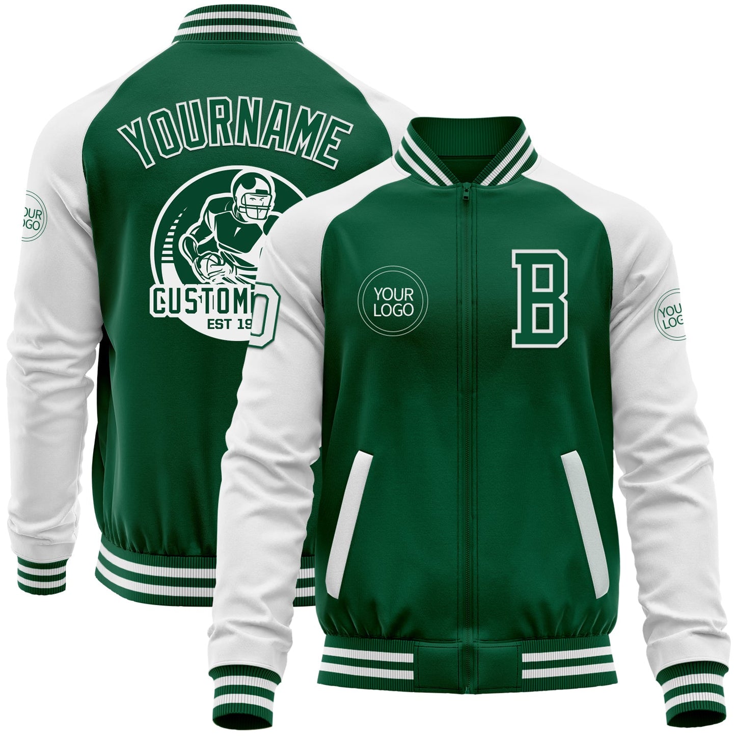 Custom Kelly Green White Bomber Varsity Letterman Two Tone Zipper Jacket - Main View