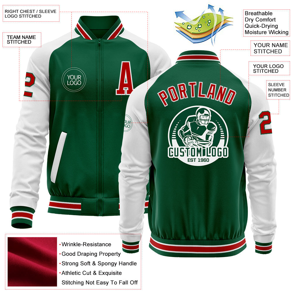 Custom Kelly Green Red-White Bomber Varsity Letterman Two Tone Zipper Jacket view 4
