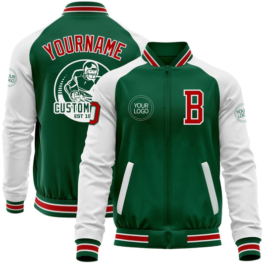 Custom Kelly Green Red-White Bomber Varsity Letterman Two Tone Zipper Jacket - Main View