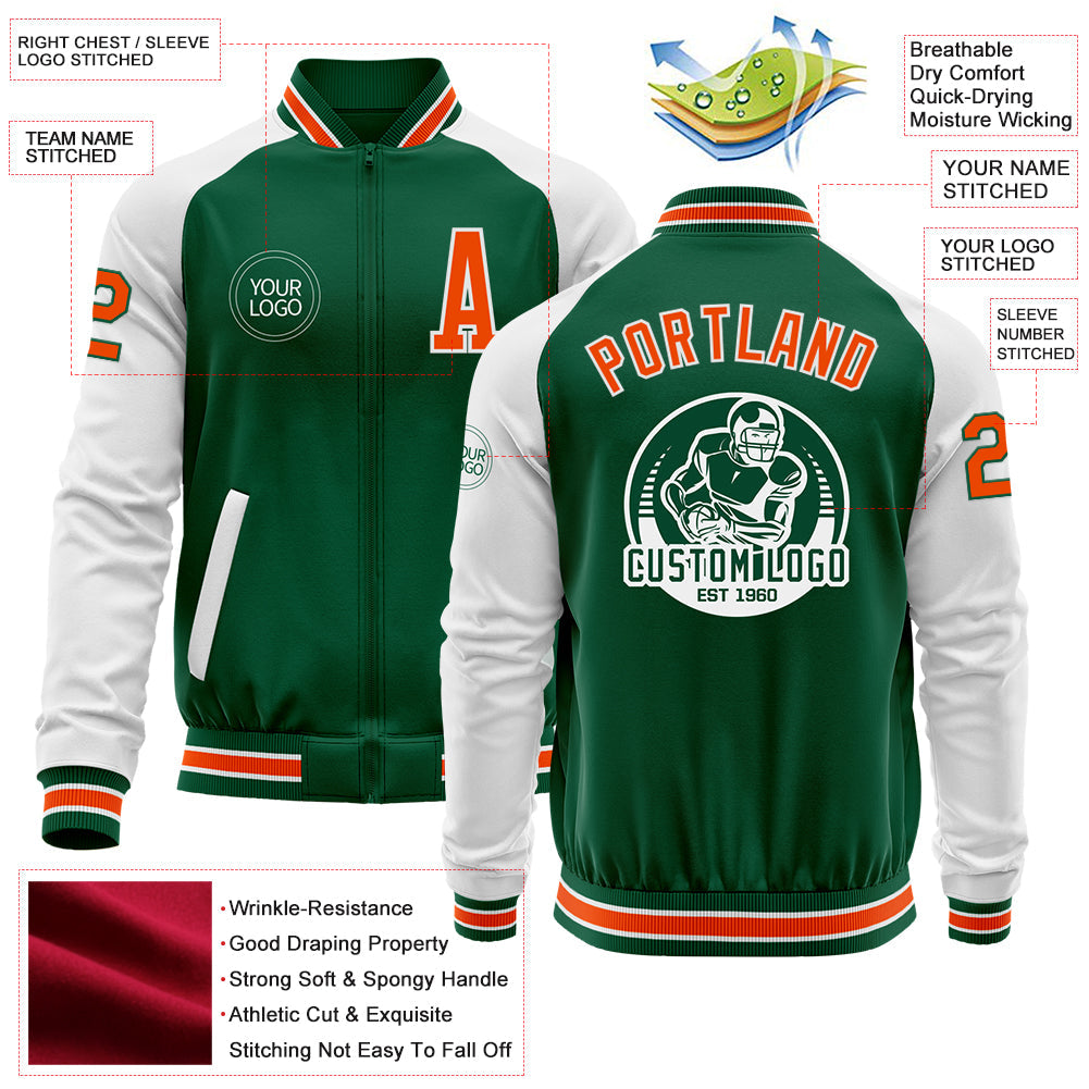 Custom Kelly Green Orange-White Bomber Varsity Letterman Two Tone Zipper Jacket view 4