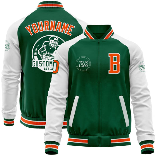 Custom Kelly Green Orange-White Bomber Varsity Letterman Two Tone Zipper Jacket - Main View