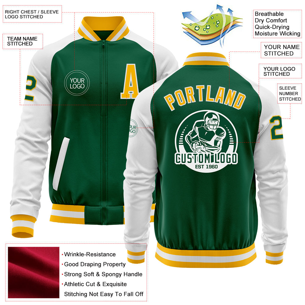 Custom Kelly Green Gold-White Bomber Varsity Letterman Two Tone Zipper Jacket view 4