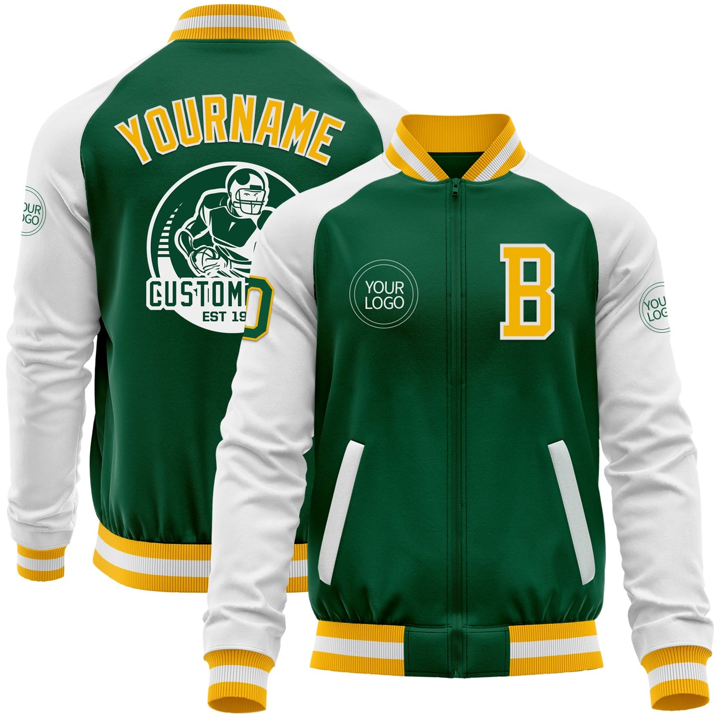 Custom Kelly Green Gold-White Bomber Varsity Letterman Two Tone Zipper Jacket - Main View