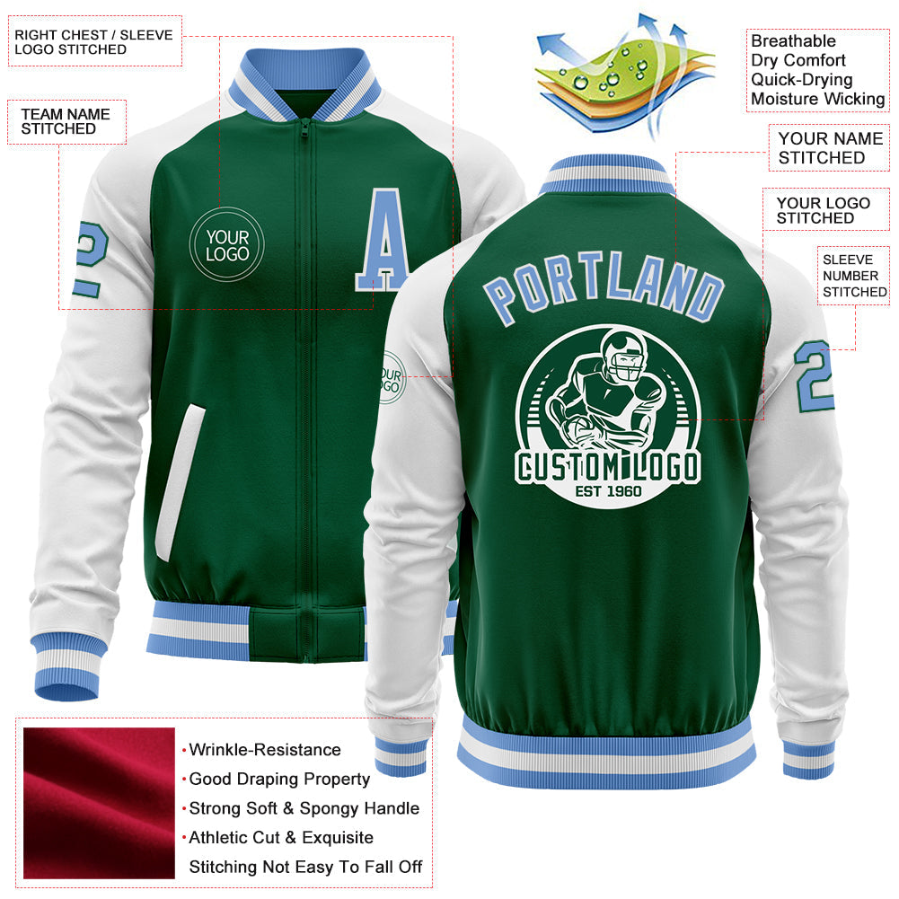 Custom Kelly Green Light Blue-White Bomber Varsity Letterman Two Tone Zipper Jacket view 4