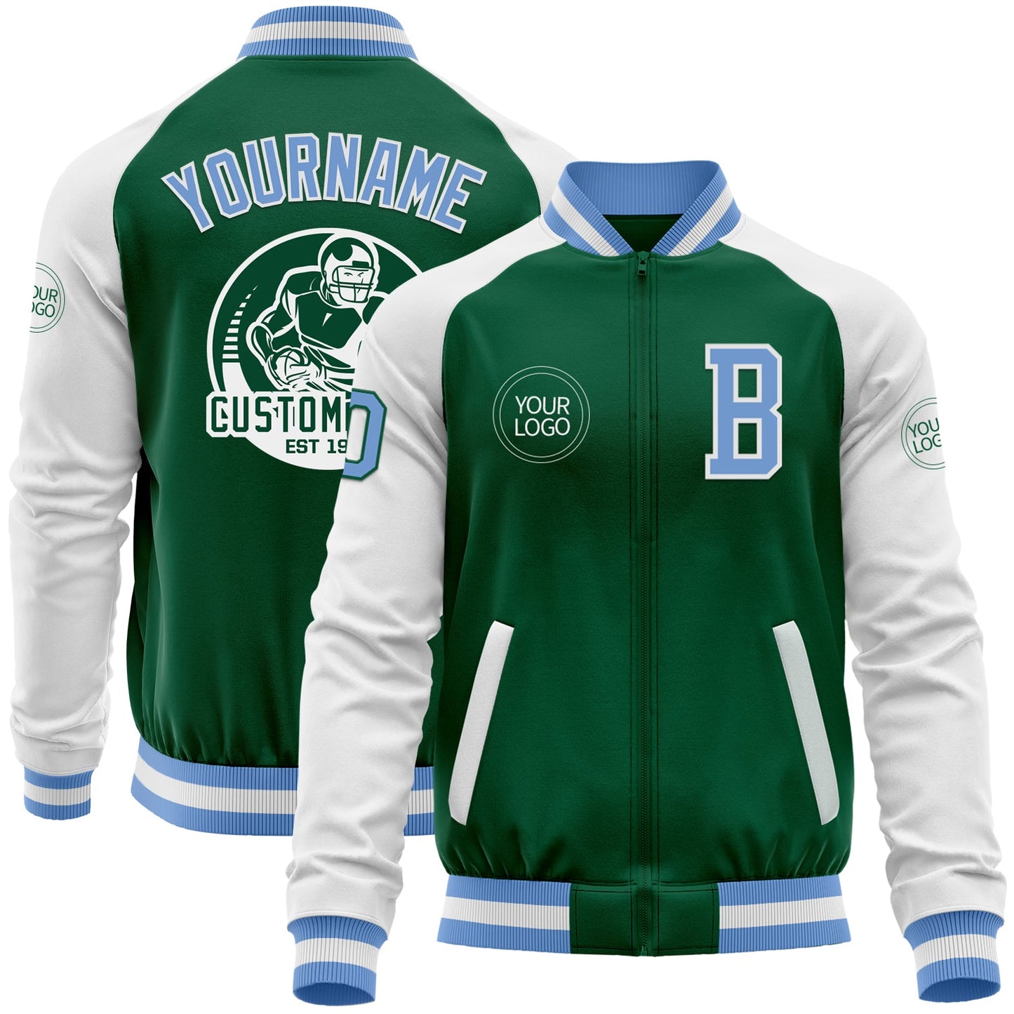 Custom Kelly Green Light Blue-White Bomber Varsity Letterman Two Tone Zipper Jacket - Main View