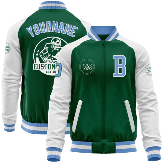 Custom Kelly Green Light Blue-White Bomber Varsity Letterman Two Tone Zipper Jacket - Main View