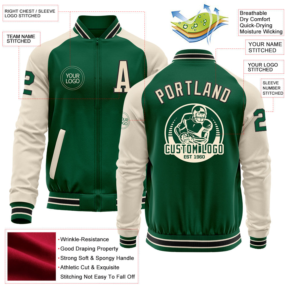 Custom Kelly Green Cream-Black Bomber Varsity Letterman Two Tone Zipper Jacket view 4