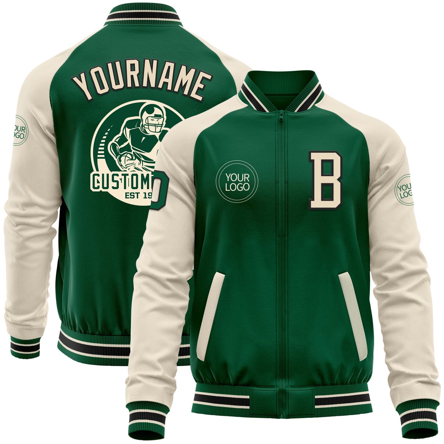 Custom Kelly Green Cream-Black Bomber Varsity Letterman Two Tone Zipper Jacket - Main View
